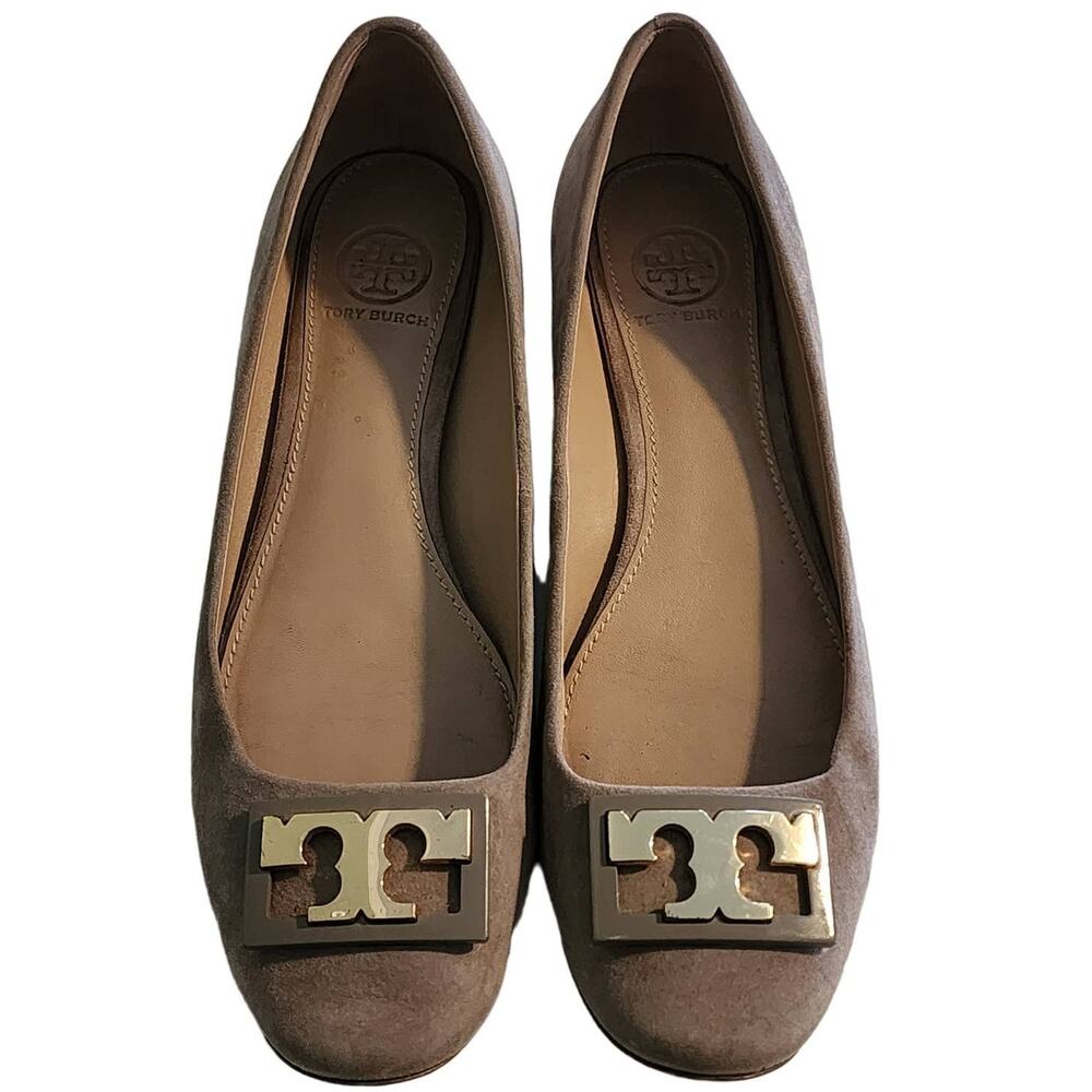 Tory Burch Gigi Gray Suede Heels with Silver Logo Design Size 7.5